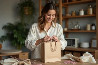 Femme préparant une pochette cadeau en papier kraft lors d'un événement artisanal