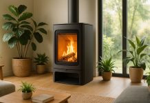 Poêle à bois moderne dans un salon lumineux et écologique