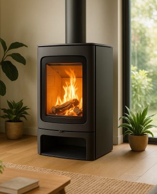 Poêle à bois moderne dans un salon lumineux et écologique