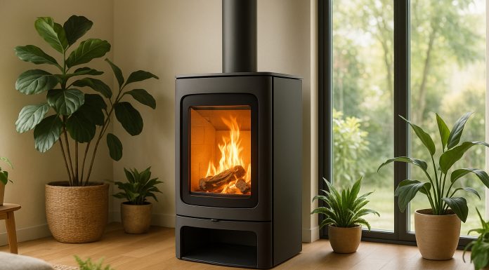Poêle à bois moderne dans un salon lumineux et écologique