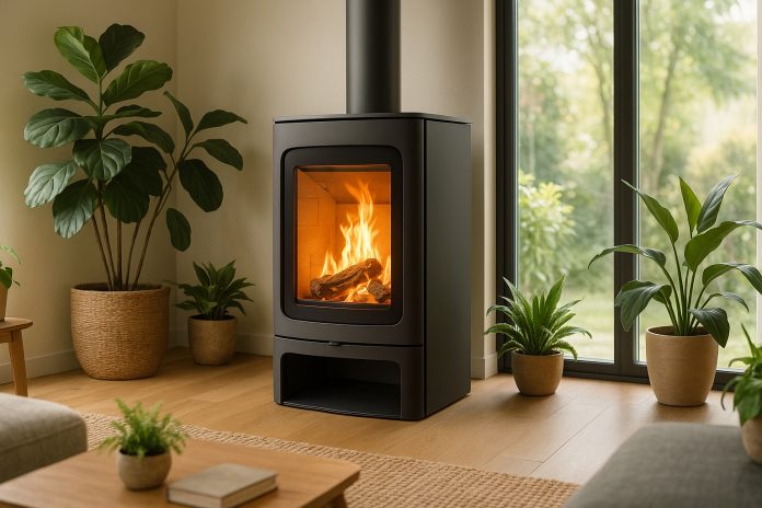 Poêle à bois moderne dans un salon lumineux et écologique