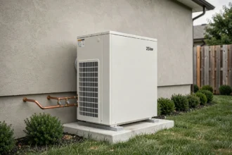 Pompe à chaleur air eau 25 kW installée en extérieur sur dalle béton d'une maison individuelle