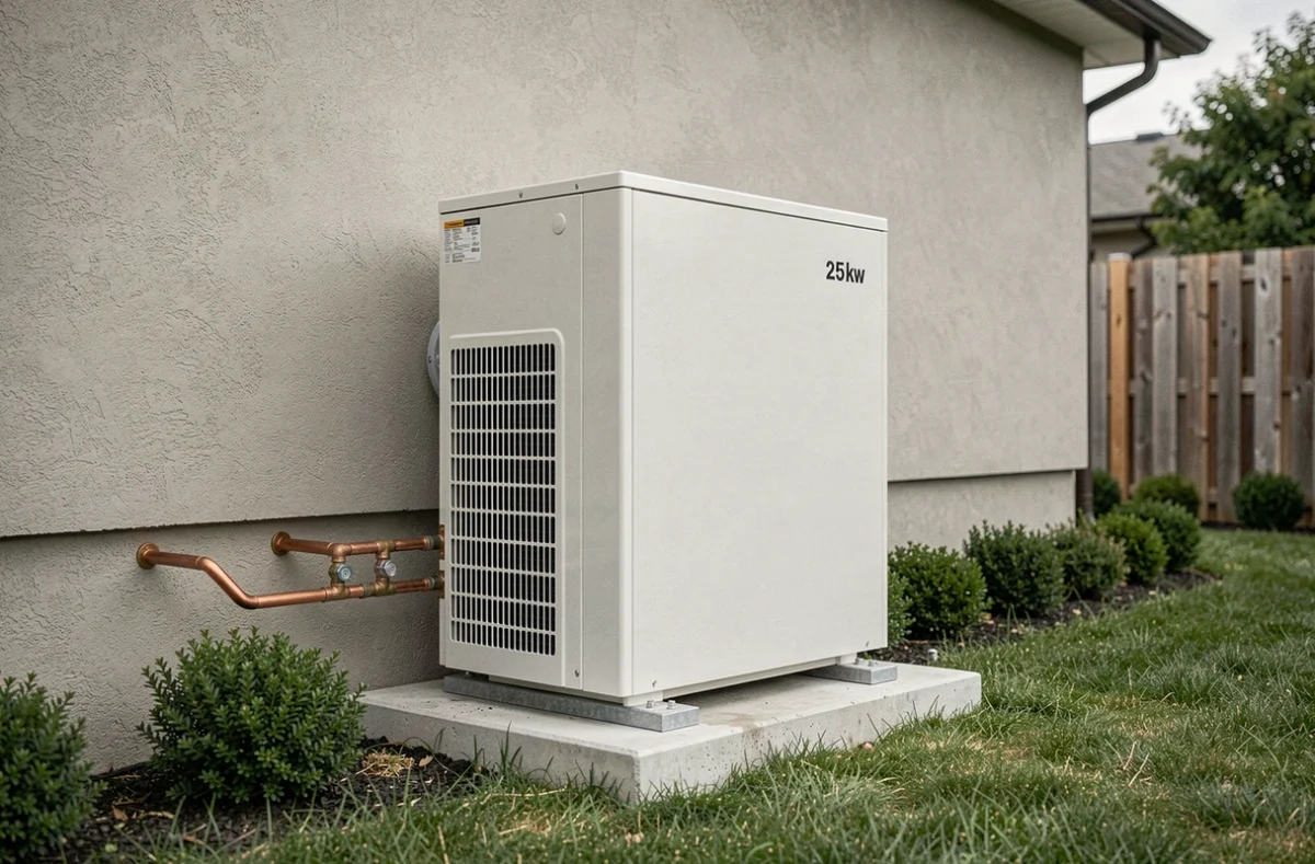 Pompe à chaleur air eau 25 kW installée en extérieur sur dalle béton d'une maison individuelle