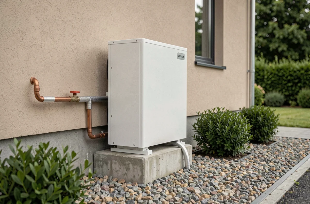 Pompe à chaleur air-eau installée sur la façade extérieure d'une maison moderne avec raccordements en cuivre