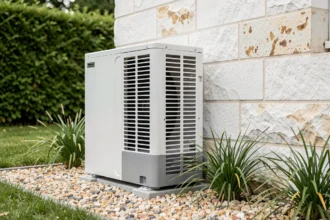 Pompe à chaleur air-eau installée sur la façade extérieure d'une maison individuelle en France