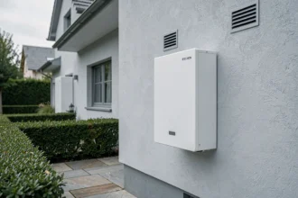 Pompe à chaleur air-eau Stiebel Eltron installée sur la façade extérieure d'une maison contemporaine