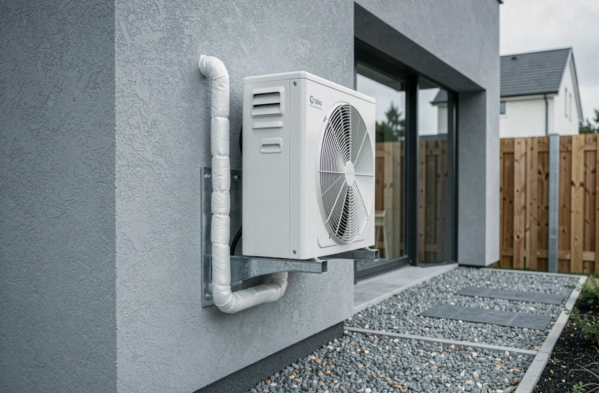 Pompe à chaleur air eau 16 kW installée sur la façade extérieure d'une maison moderne