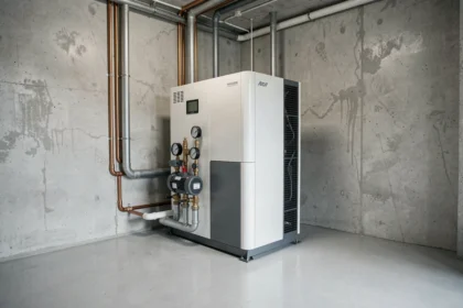 Pompe à chaleur eau/eau géothermique installée dans une salle technique moderne avec tuyauterie cuivre et sol époxy
