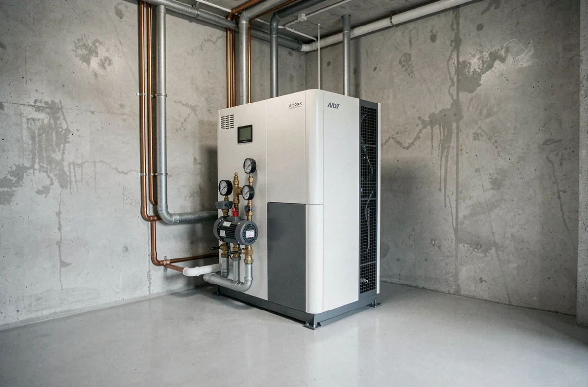 Pompe à chaleur eau/eau géothermique installée dans une salle technique moderne avec tuyauterie cuivre et sol époxy