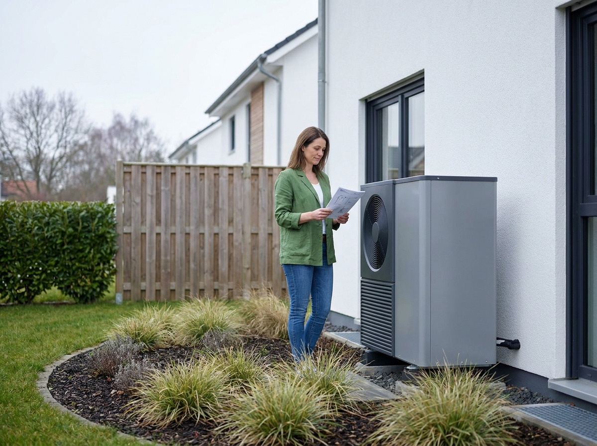 Propriétaire examinant une pompe à chaleur géothermique installée contre la façade d'une maison avec jardin aménagé