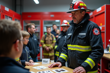 Pompiers français expliquant les types d'incendie à un groupe