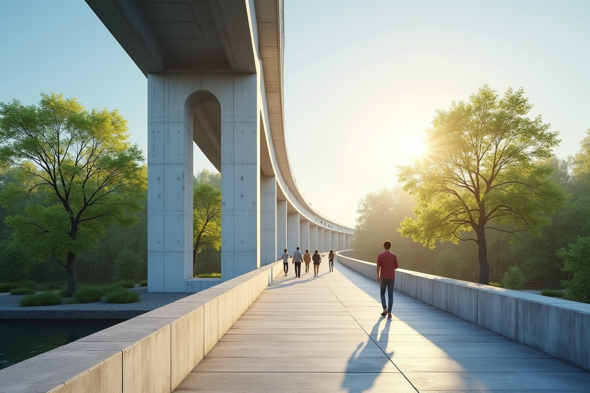 Pont moderne en beton renforcé sous un ciel ensoleille avec piétons