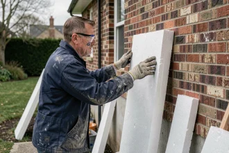 Artisan posant des panneaux d'isolation extérieure en polystyrène expansé sur un mur de briques d'une maison individuelle