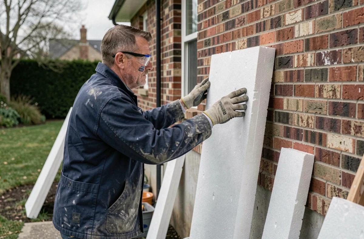 Artisan posant des panneaux d'isolation extérieure en polystyrène expansé sur un mur de briques d'une maison individuelle