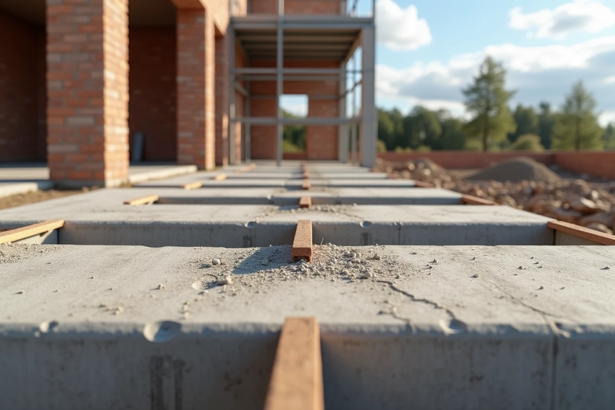 Plancher poutrelles hourdis en cours de pose sur une maison neuve en construction, avec solives béton et blocs de remplissage visibles