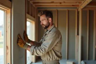 Ouvrier installant une plaque de plâtre phonique sur une ossature bois dans un chantier de rénovation intérieure