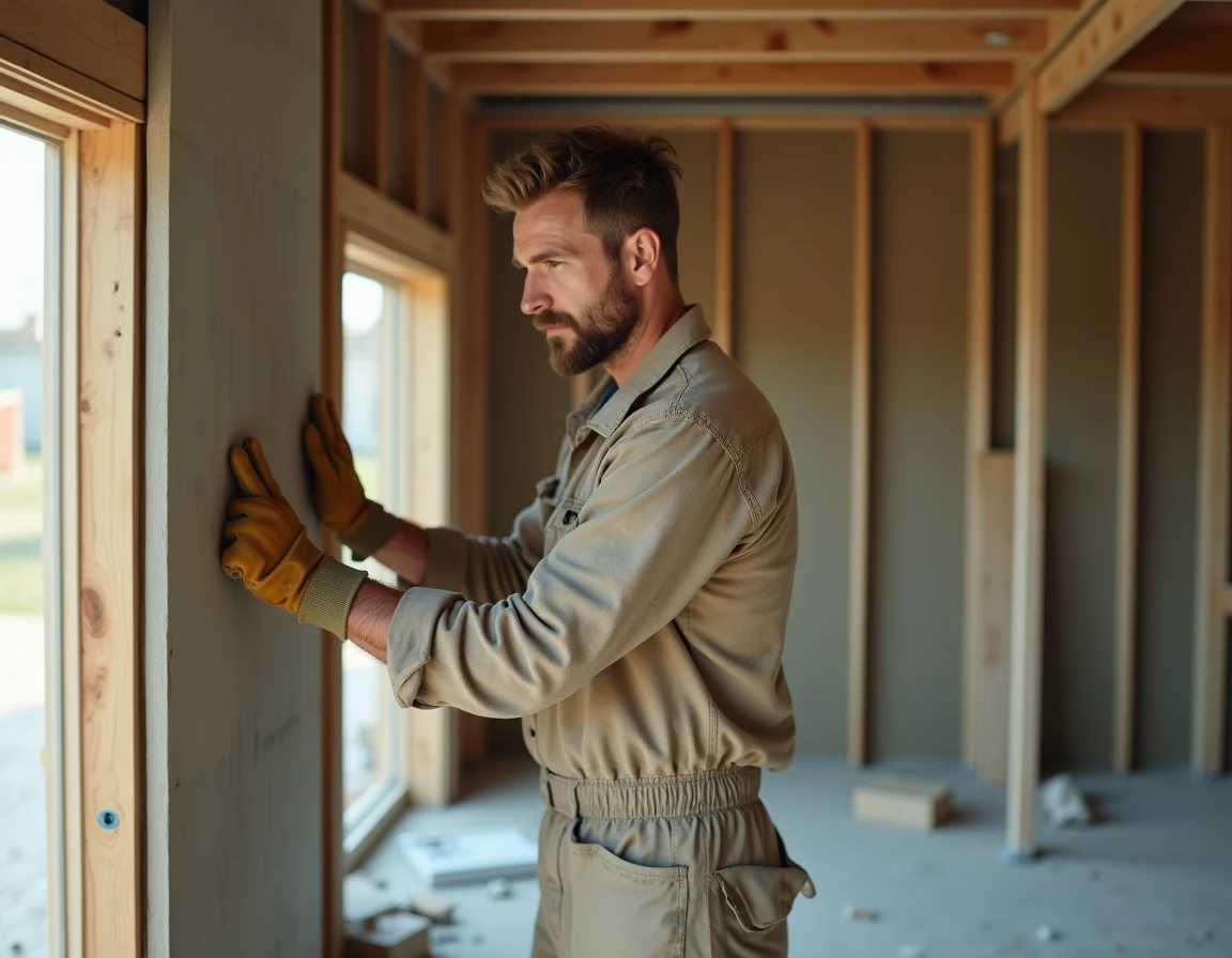 Ouvrier installant une plaque de plâtre phonique sur une ossature bois dans un chantier de rénovation intérieure