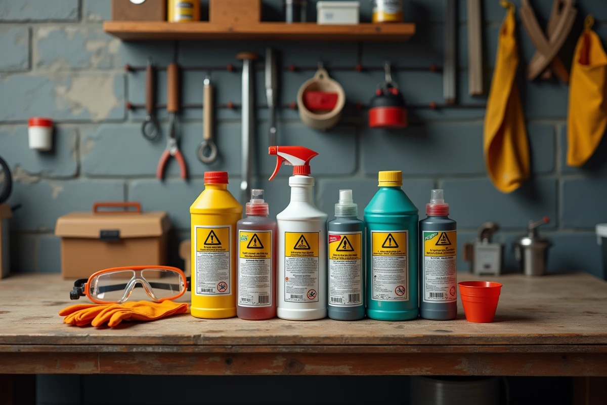 Vue d'ensemble de produits déboucheurs chimiques et équipements de protection individuelle disposés sur un établi, avec pictogrammes de danger visibles