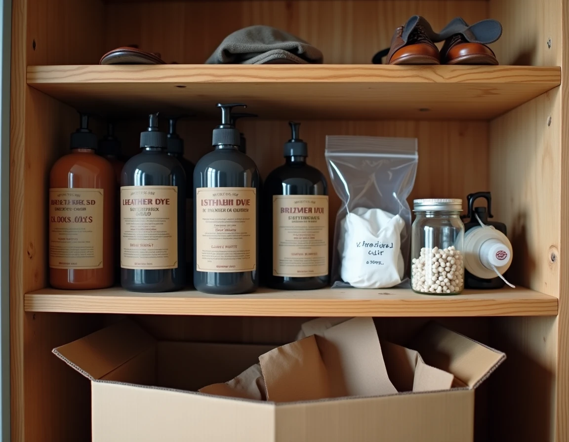 Étagère organisée avec produits de teinture pour cuir, gants, masque et accessoires de sécurité pour une coloration en intérieur