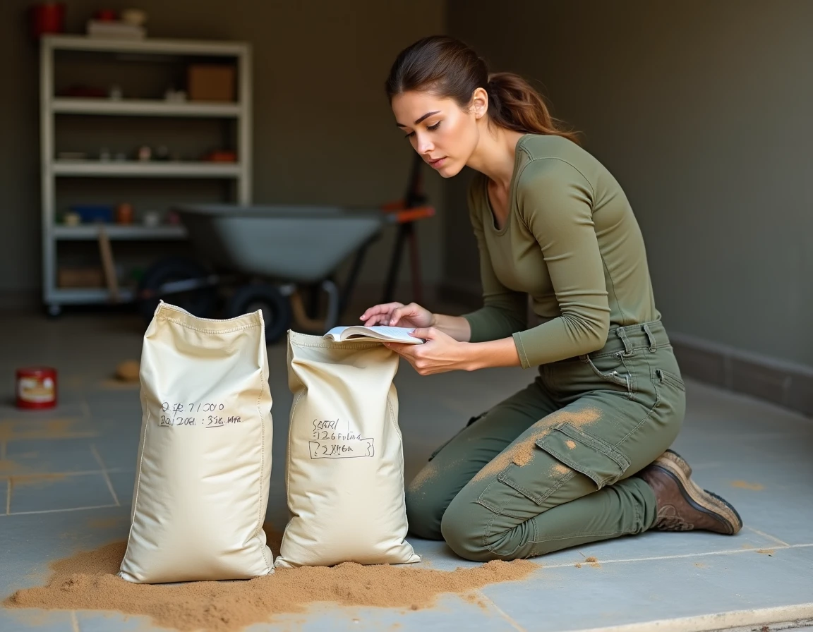 Jeune femme vérifiant les proportions de dosage ciment sable dans un garage avec cahier de notes et sacs de matériaux