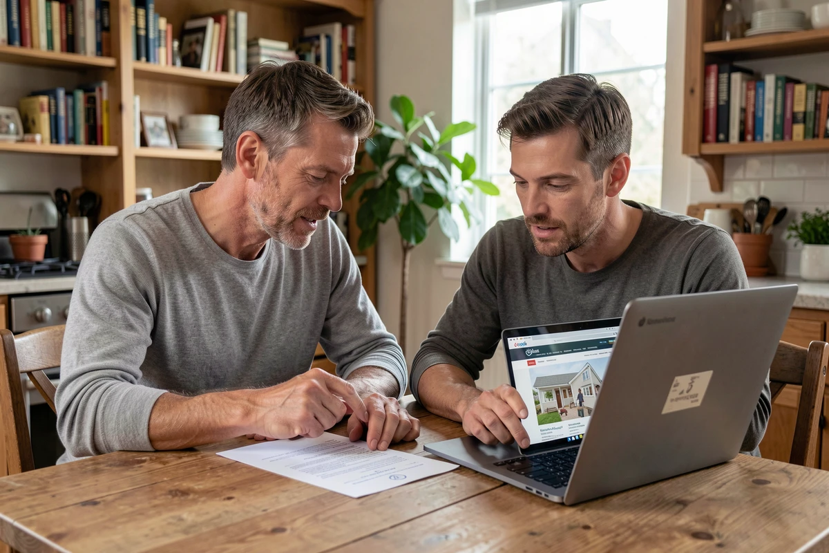 Couple de propriétaires consultant un document d'assurance pour sécuriser leurs travaux à domicile