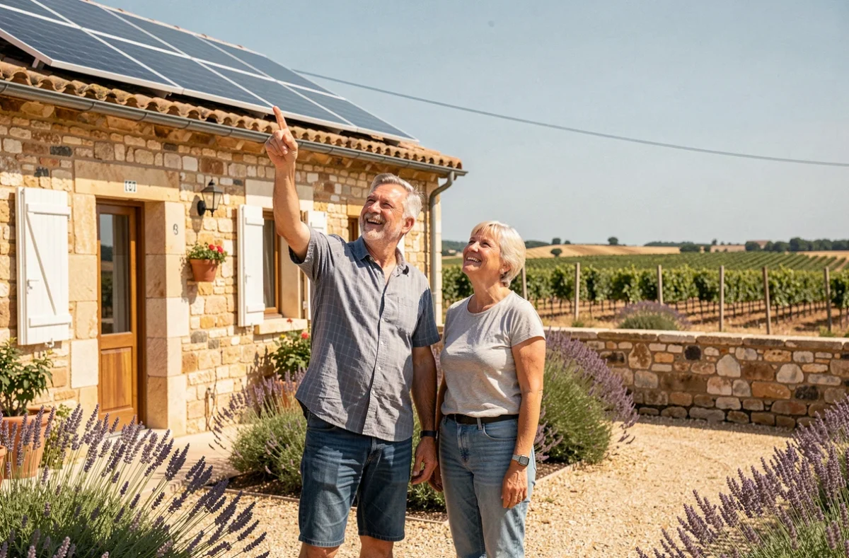 Couple de propriétaires devant leur maison à Narbonne admirant leurs nouveaux panneaux solaires installés sur le toit