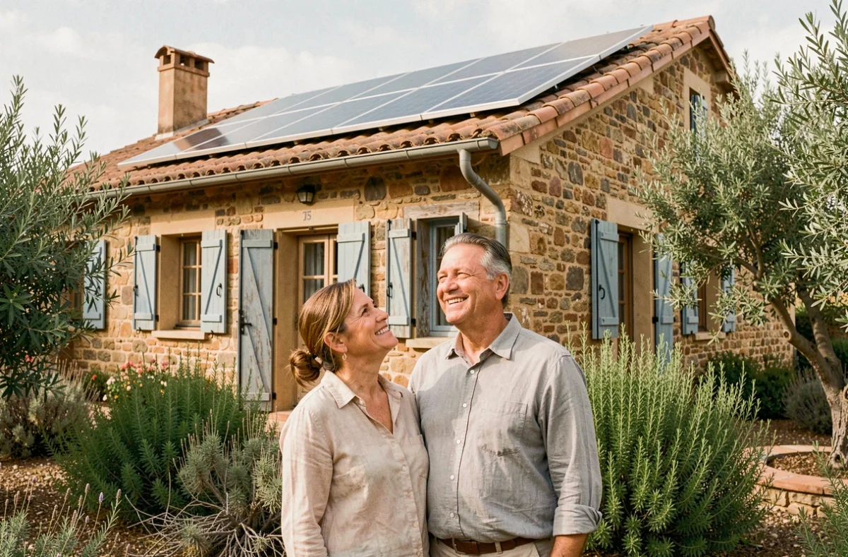 Couple de propriétaires admirant l'installation de panneaux solaires sur leur maison catalane près de Perpignan