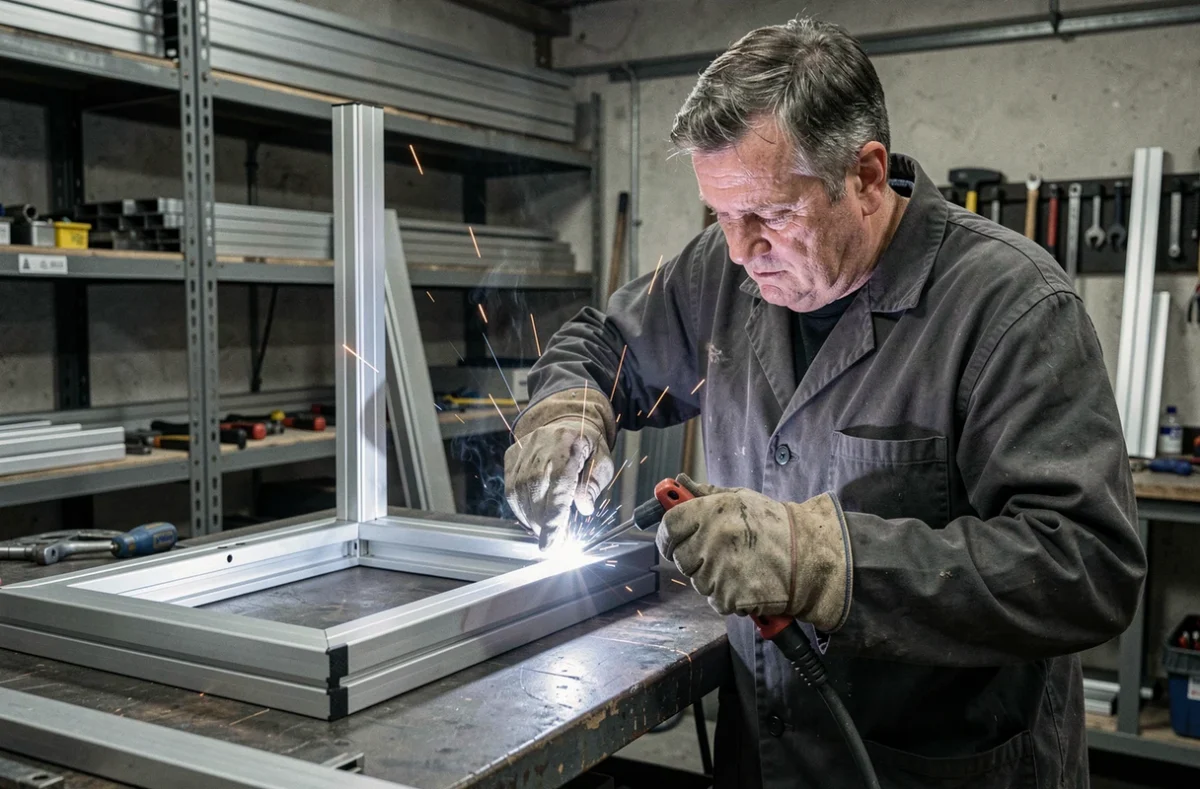 Artisan de Quéré Métallerie-Menuiserie assemblant un châssis acier-aluminium sur mesure dans un atelier du Finistère