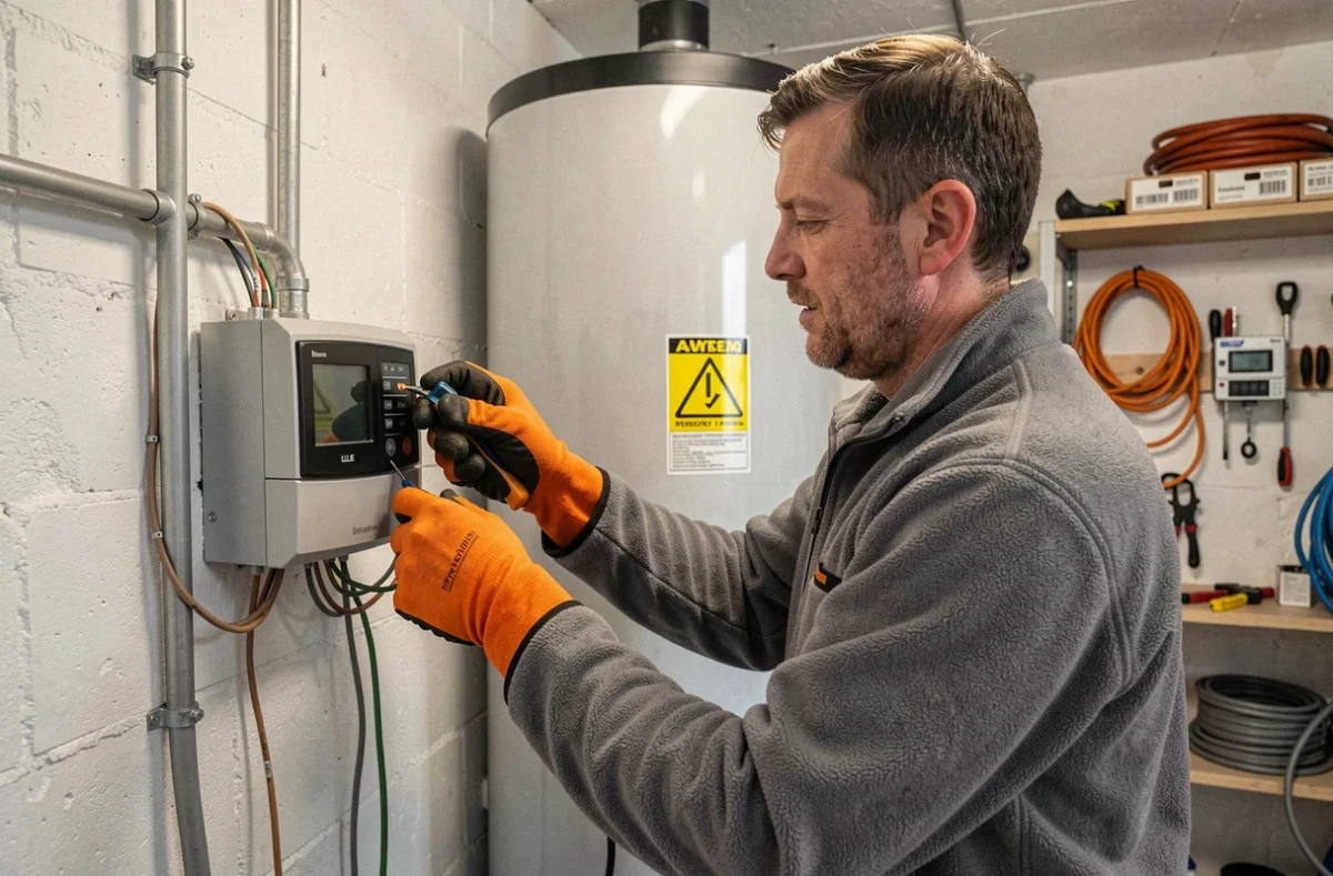 Électricien raccordant le câblage électrique d'une pompe à chaleur dans une chaufferie à Lille