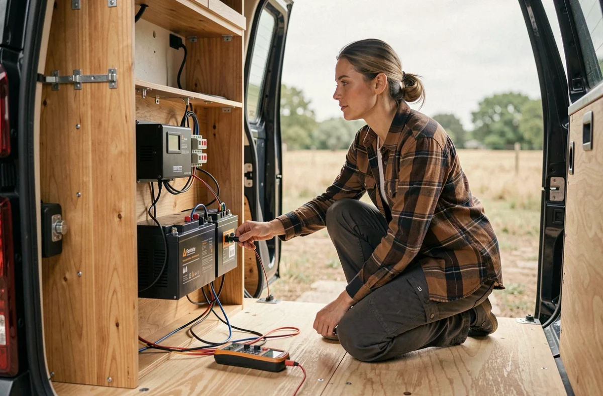 Femme raccordant un régulateur de charge solaire à une batterie lithium dans l'intérieur d'un fourgon aménagé