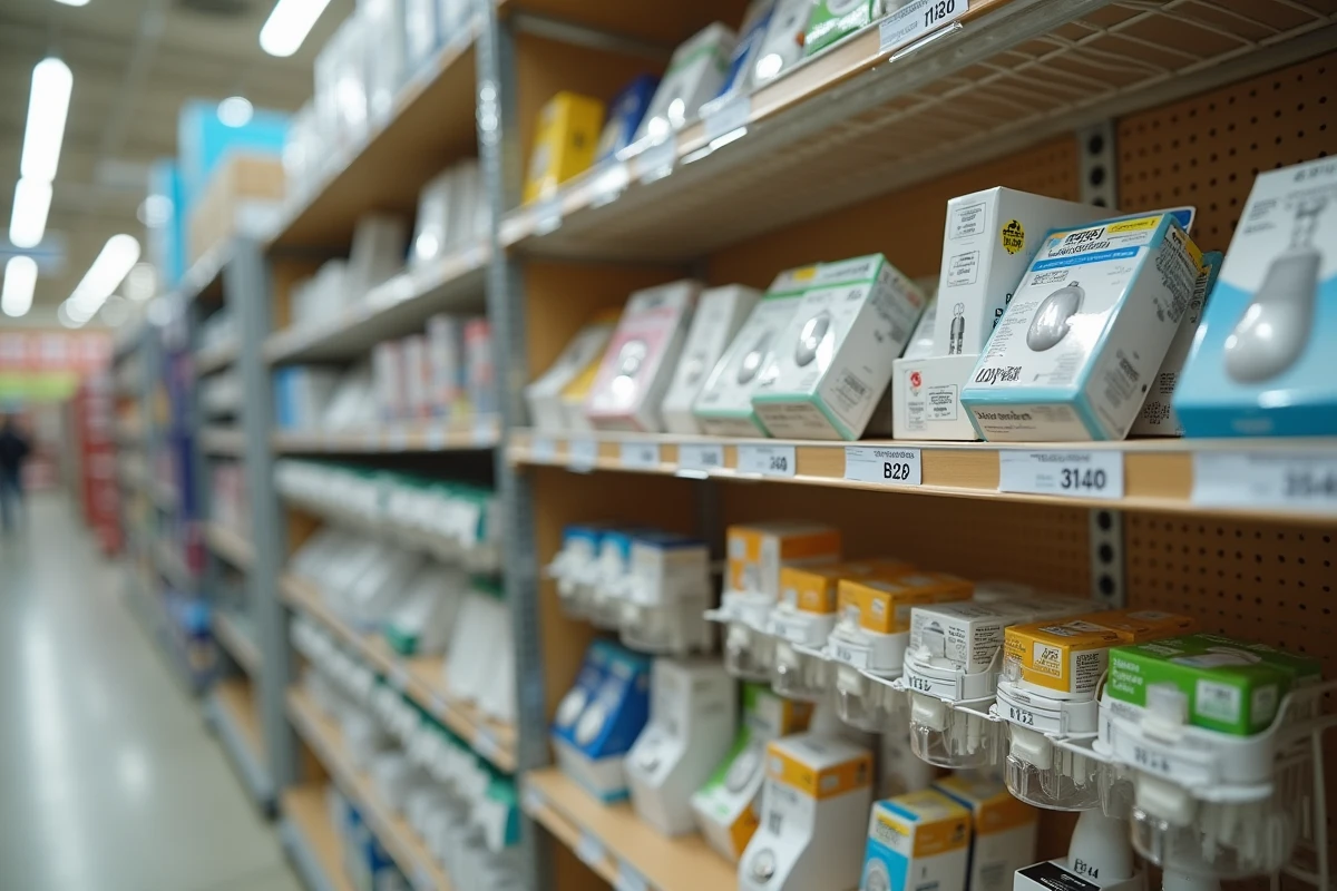 Rayon de quincaillerie présentant des boîtes d'ampoules classées par culot E14 et B22