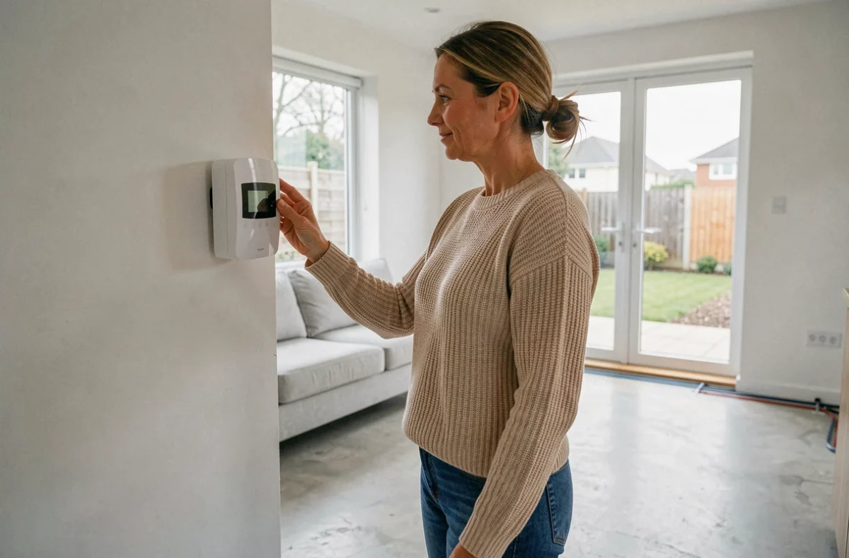Femme réglant le thermostat d'une pompe à chaleur Stiebel Eltron dans un intérieur moderne