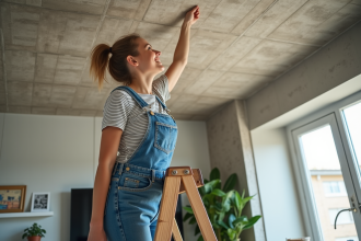 Femme appliquant des panneaux adhésifs au plafond