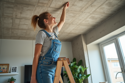 Femme appliquant des panneaux adhésifs au plafond