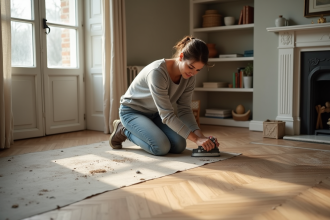 Femme ponçant un parquet ancien dans un salon lumineux