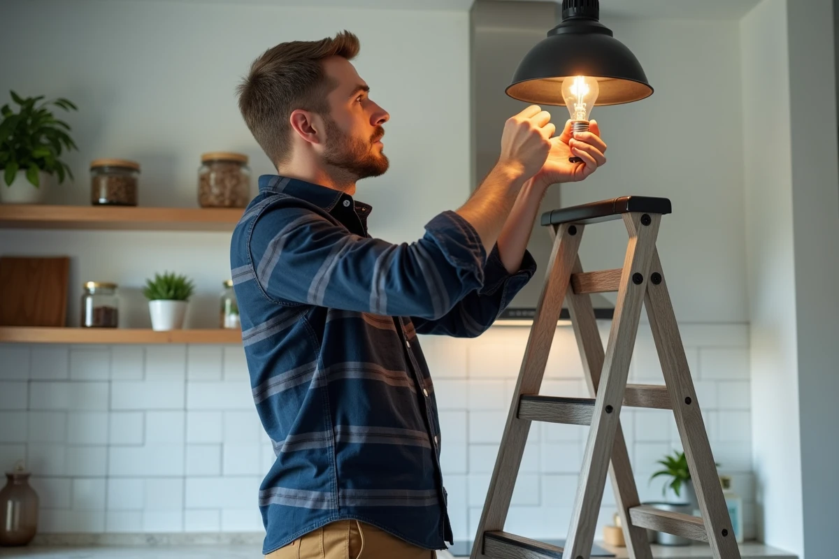 Homme remplaçant une ampoule à baïonnette dans un luminaire de cuisine sans faire appel à un électricien
