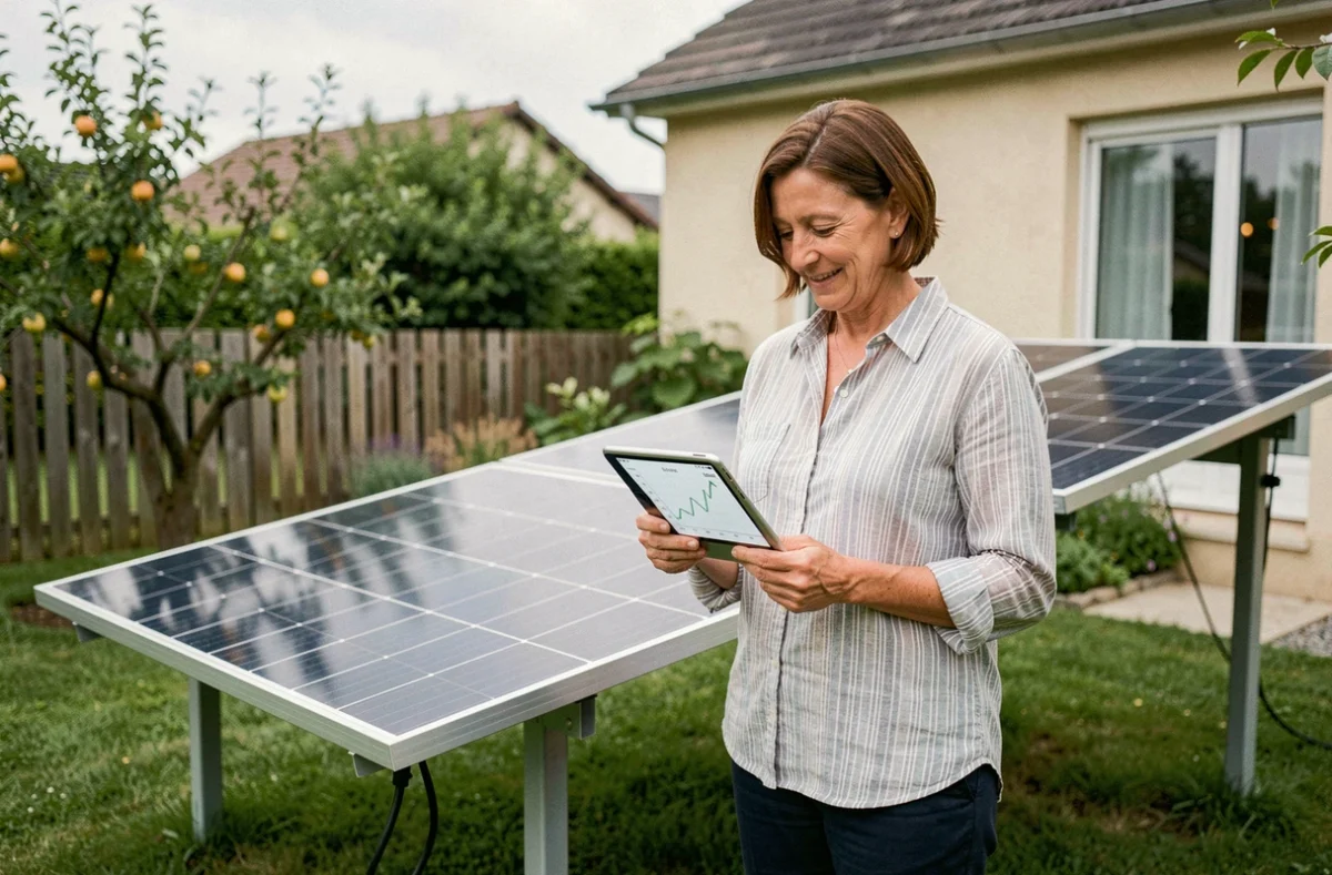 Femme consultant les données de rendement de son panneau solaire 500 Wc dans son jardin