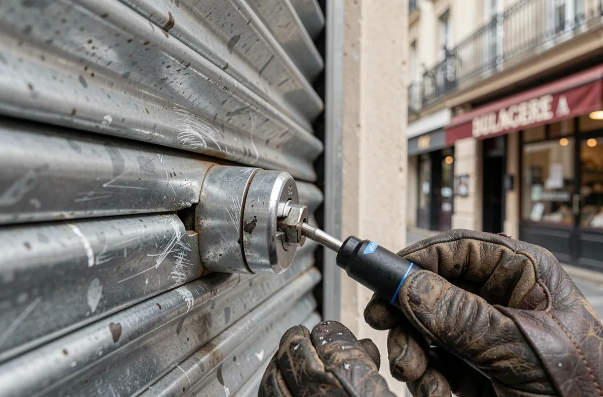 Gros plan sur un mécanisme de serrure de rideau métallique commercial endommagé en cours de réparation à Paris