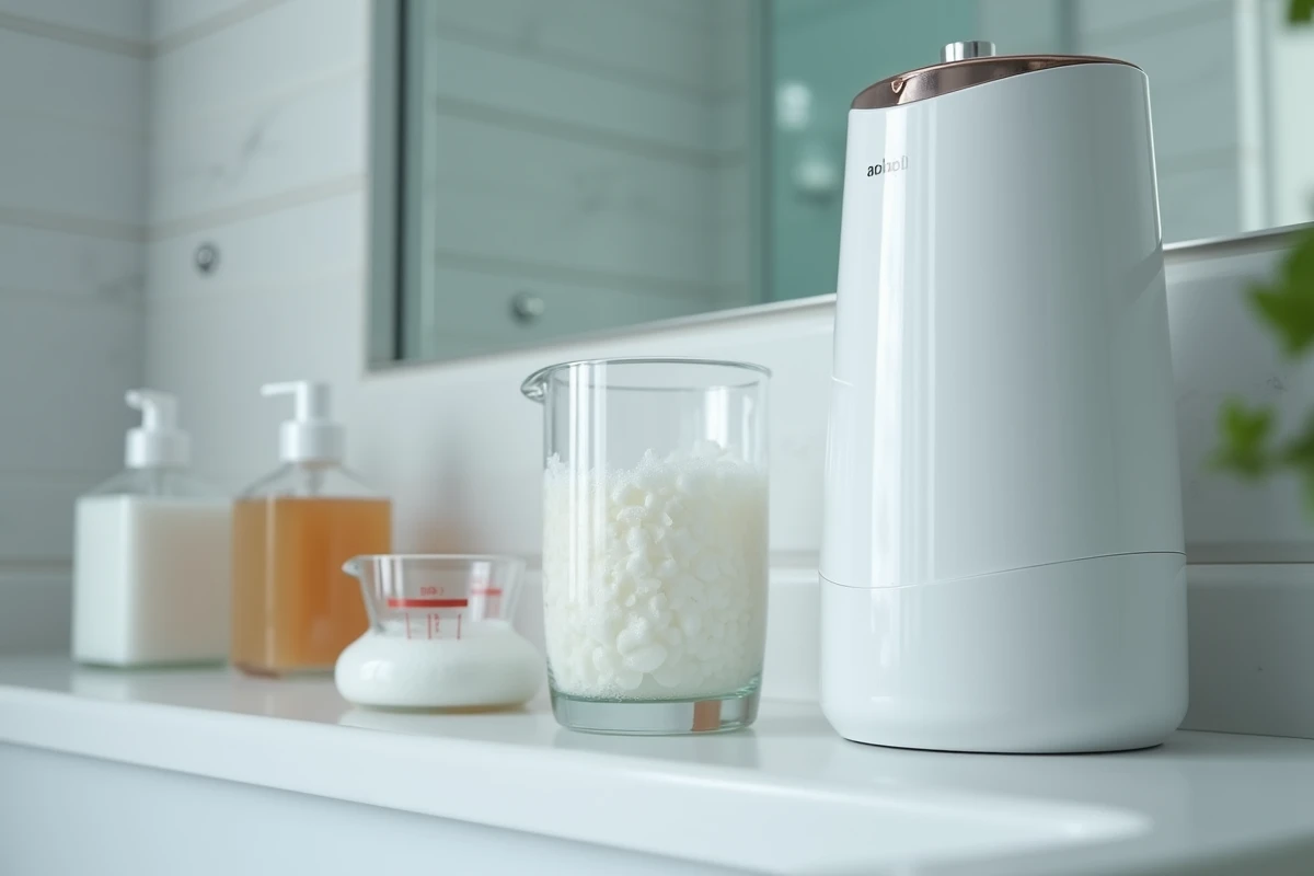 Gros plan sur un réservoir de shampouineuse, du détergent et un verre avec dépôts de calcaire sur le plan de travail