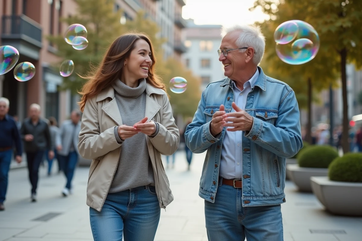 Jeune femme et homme âgé libérant des bulles dans une place urbaine