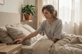 Femme au réveil tendant la main vers son smartphone pour personnaliser sa sonnerie de réveil le matin
