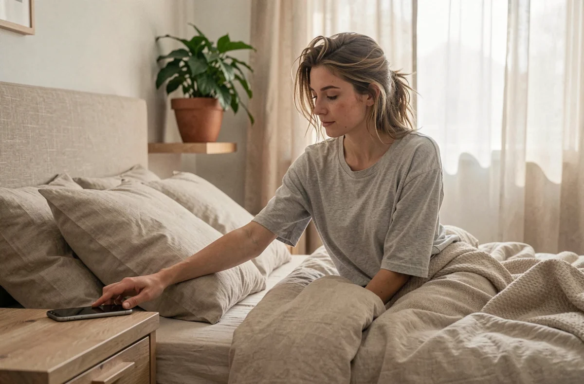 Femme au réveil tendant la main vers son smartphone pour personnaliser sa sonnerie de réveil le matin