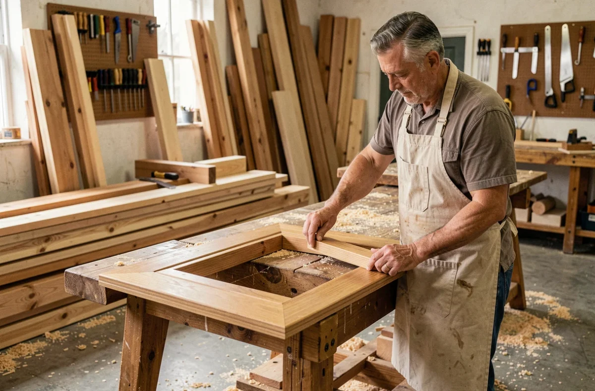 Artisan de RLBois assemblant un châssis de fenêtre en chêne massif dans un atelier de menuiserie