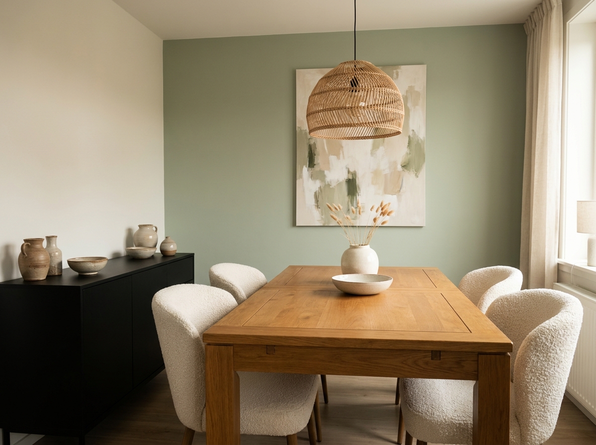 Salle à manger scandinave avec table en chêne massif, chaises en bouclé et buffet laqué noir pour un intérieur contemporain