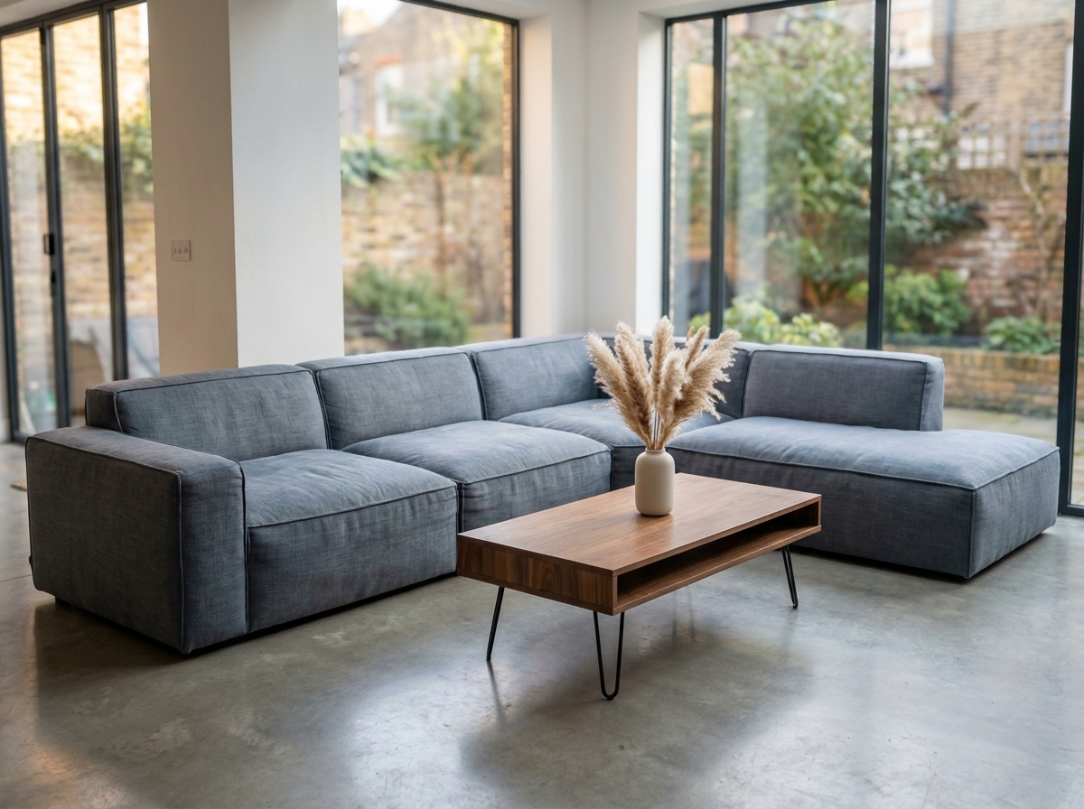 Salon contemporain avec canapé modulaire en lin gris, table basse en noyer et sol en béton poli pour une maison tendance