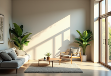 Salon moderne avec lumière naturelle et couleur tendance 2025