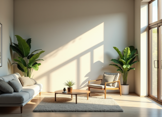 Salon moderne avec lumière naturelle et couleur tendance 2025