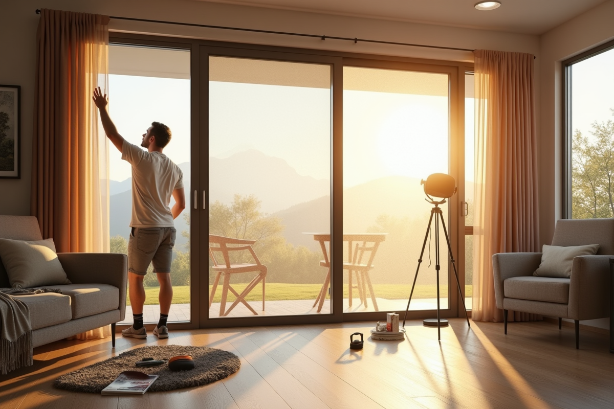 Salon lumineux avec moustiquaire sur baie vitrée