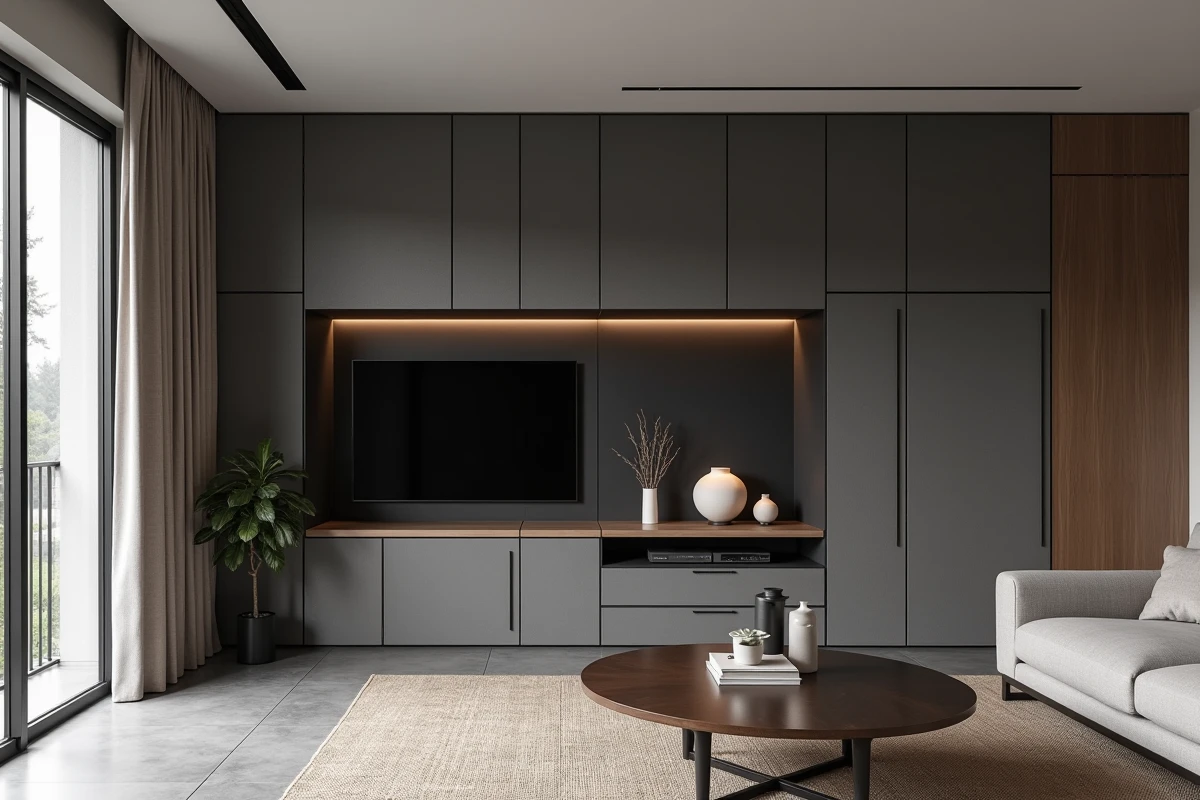 Salon contemporain avec mur TV en placo asymétrique, portes cachées teintées anthracite et rangements intégrés sol-plafond