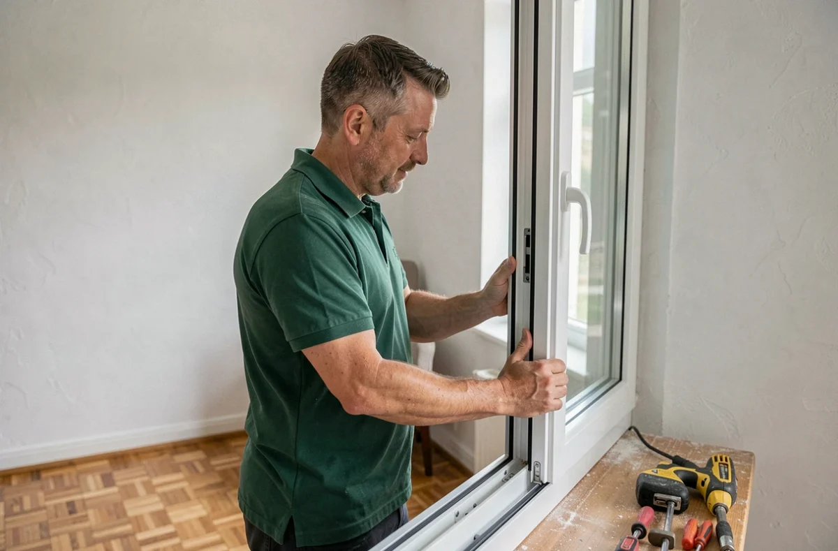 Menuisier de la SARL Magrez installant une fenêtre aluminium double vitrage dans un intérieur résidentiel